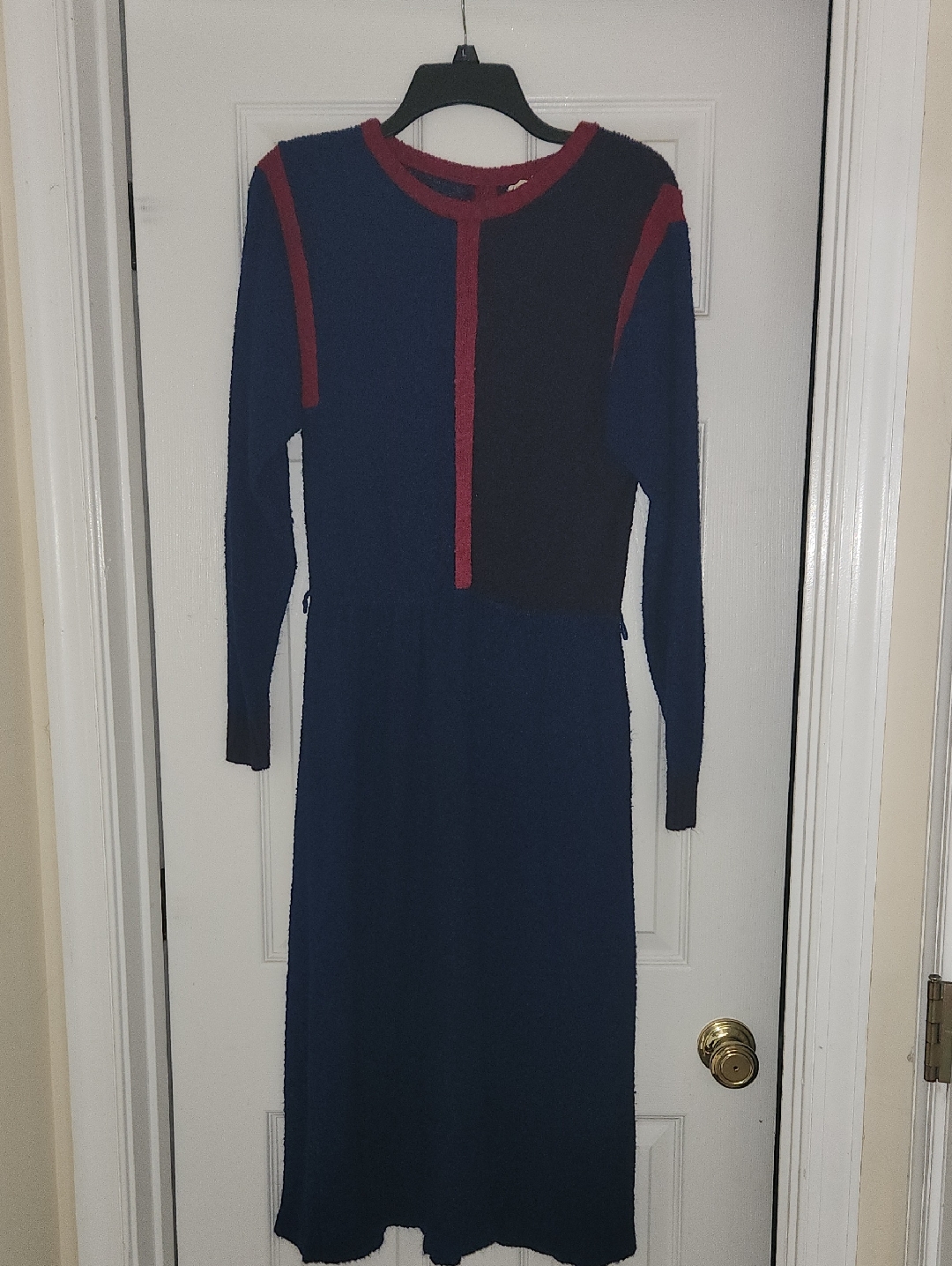 Vintage Long-Sleeve Navy And Purple Knit Dress